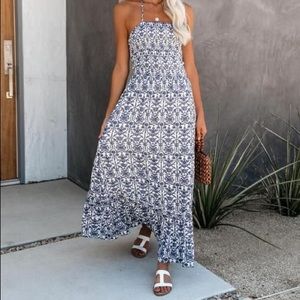 Blue and white smocked maxi dress NWOT